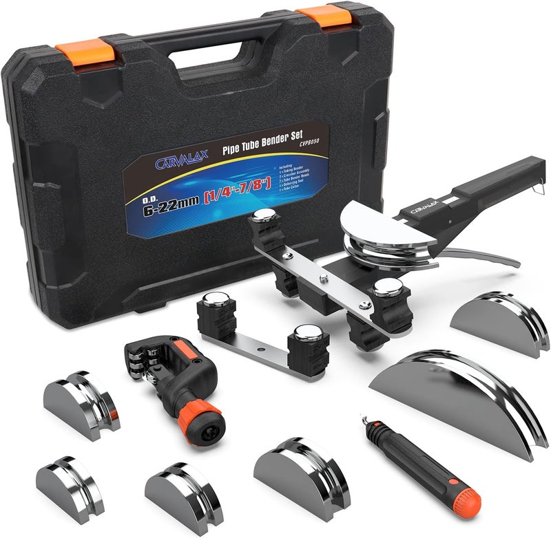 CARVALAX Aluminum Pipe Tube Bender Set,LITE MODEL (No Reverse) with 7 Electroplated Bender Heads, for 1/4” to 7/8” O.D, 90° Ratcheting Tubing Bender for HAVC, Air Conditioning, and Hydraulic Work - Image 1